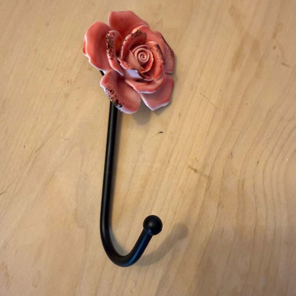Ceramic Pink Rose Flower Wall Hook with Black Metal J-Hook